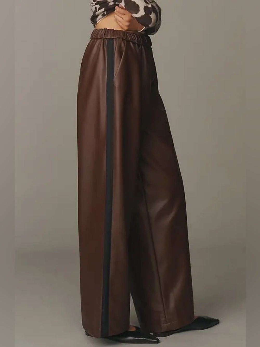 Anthropologie Wide-Leg Faux Leather Pants in Dark Brown with Black Stripe